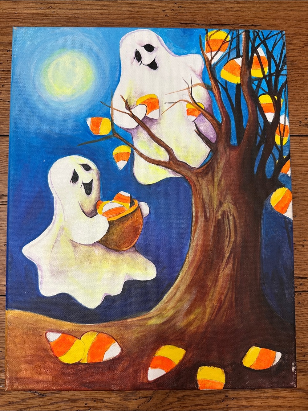 Whimsical Ghosts Halloween Painting - Cute Spooky Canvas Wall Art - Blue, Orange